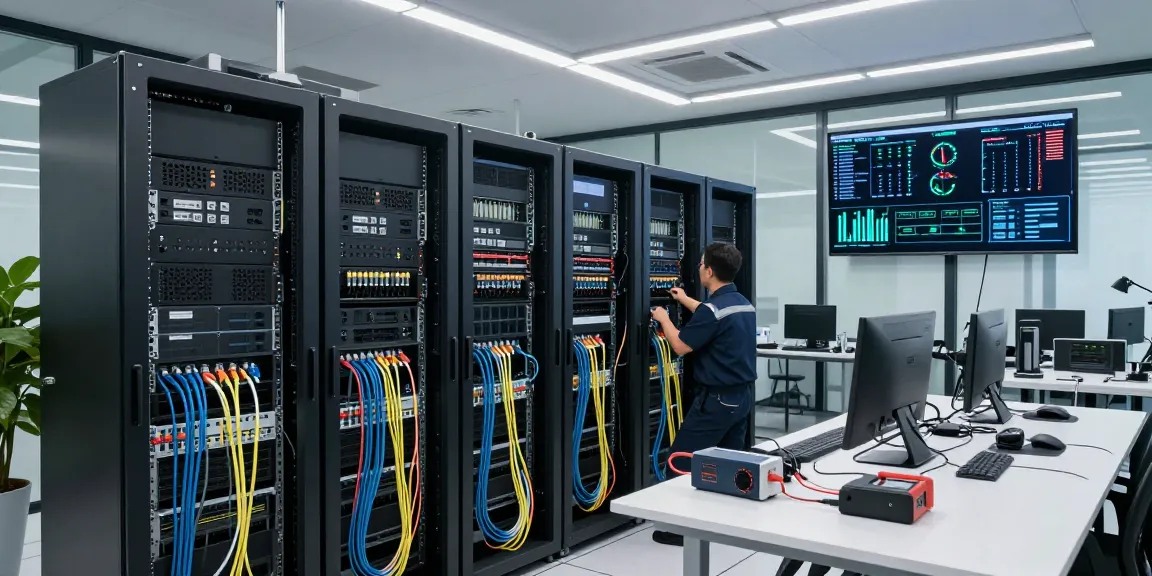 C19/C20 power connectors in a modern server room with racks and maintenance tools.