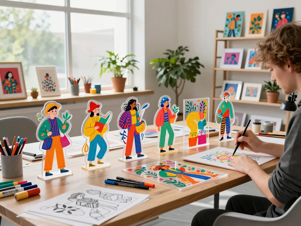 Colorful acrylic stand designs created in a modern artist studio, featuring vibrant custom acrylic standees and art supplies.