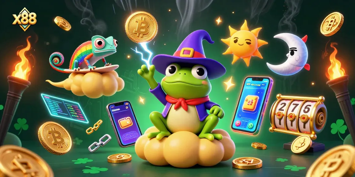 x88 players enjoy a lively scene of a weather wizard frog and chameleon amid golden coins and gambling elements.