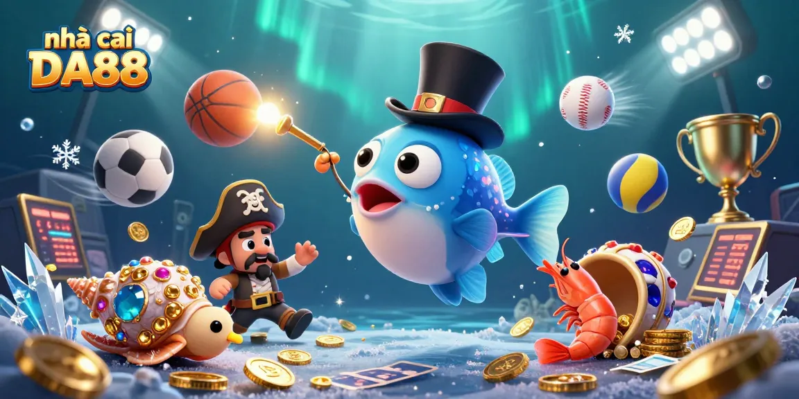 Engage in the excitement of nhà cái DA88 with a dynamic underwater treasure scene featuring lucky characters.