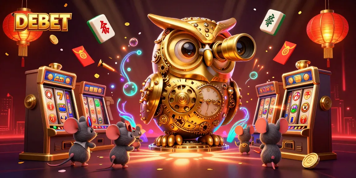 Experience DEBET's thrilling slot action with a golden owl amidst vibrant casino elements.