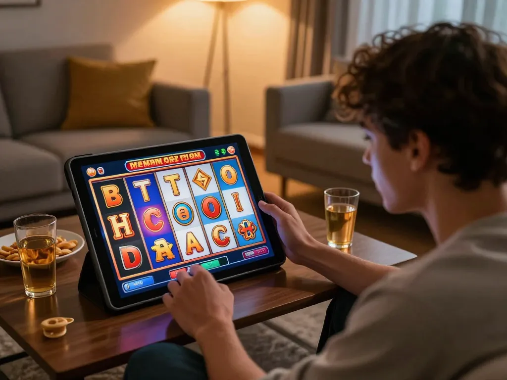 Engaging in slot gacor hari ini online gaming on a tablet in a cozy living room setting.