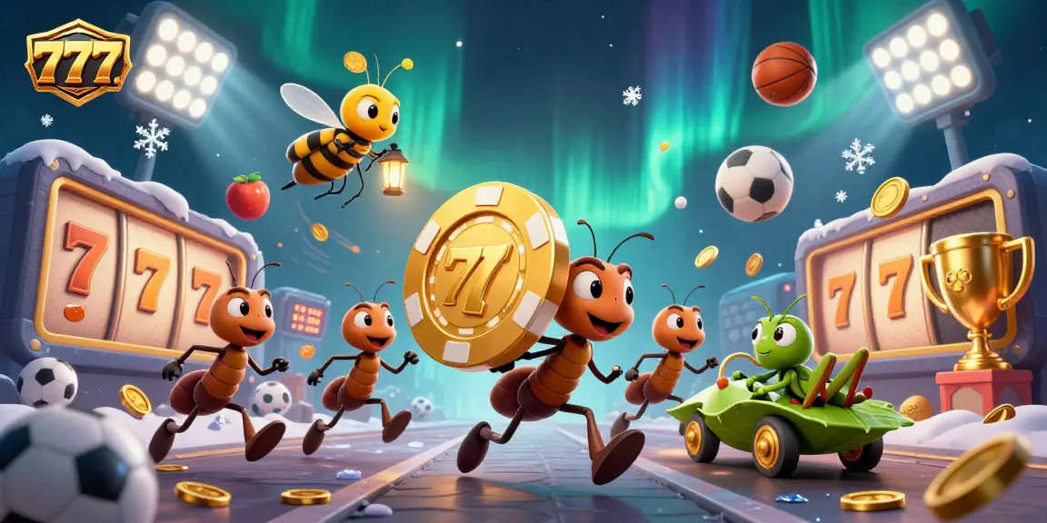 Ants with a giant poker chip and gambling elements showcase 777 excitement at a vibrant casino.