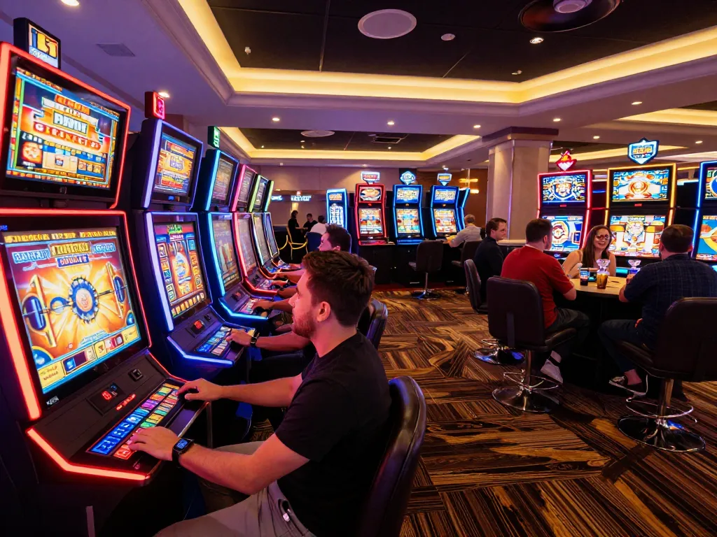 Players enjoying vibrant tr88 slot machines with colorful displays at a lively casino.