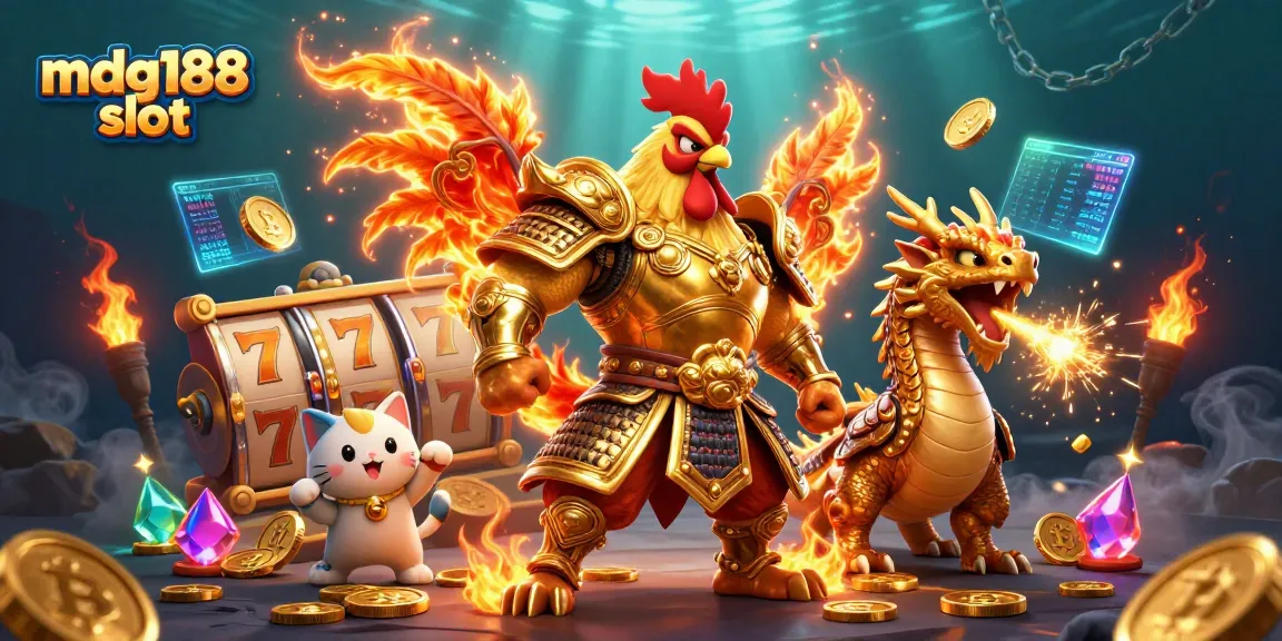 Experience thrilling gaming action with mdg188 slot, showcasing a warrior rooster and dragon amidst vibrant slot reels.