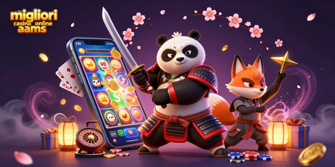 Migliori casino online aams: panda samurai e volpe ninja mentre giocano a slot e roulette in un'illustrazione vibrante.