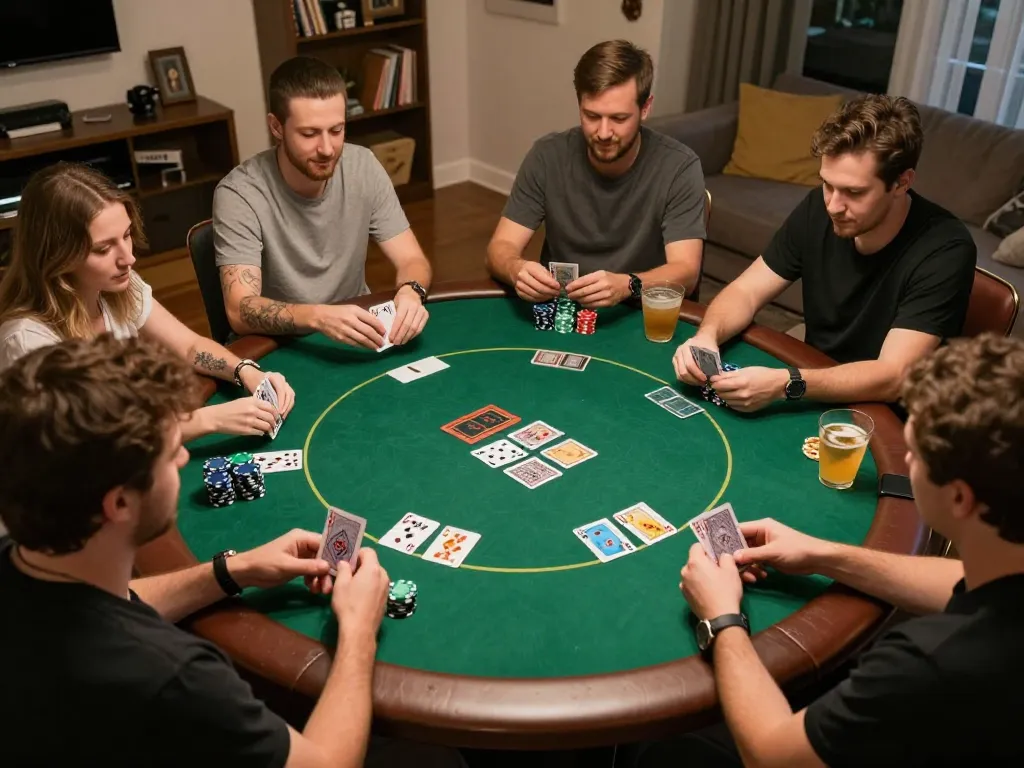 Players strategizing in a vibrant home poker game, showcasing nano banana flash elements in social atmosphere