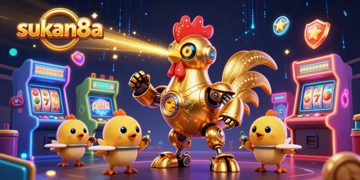 Sukan8a showcases a vibrant casino scene with a retro-futuristic rooster robot and arcade games in action.