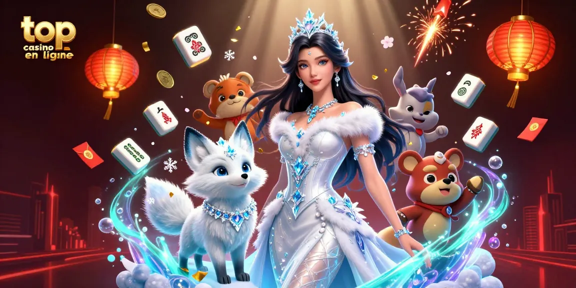 Découvrez l'excitation du top casino en ligne avec des tuiles de mahjong festives et des décorations vibrantes.
