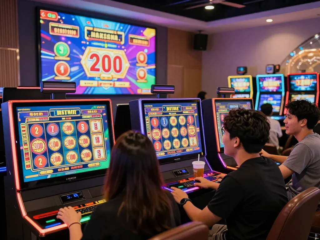 Engaged players at virtual slot machines with slot bet 200 perak in action.