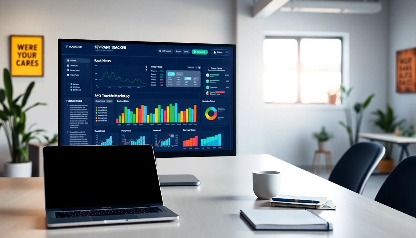 Showcase of SEO Rank Tracker dashboard on a digital marketing workspace with analytical tools.