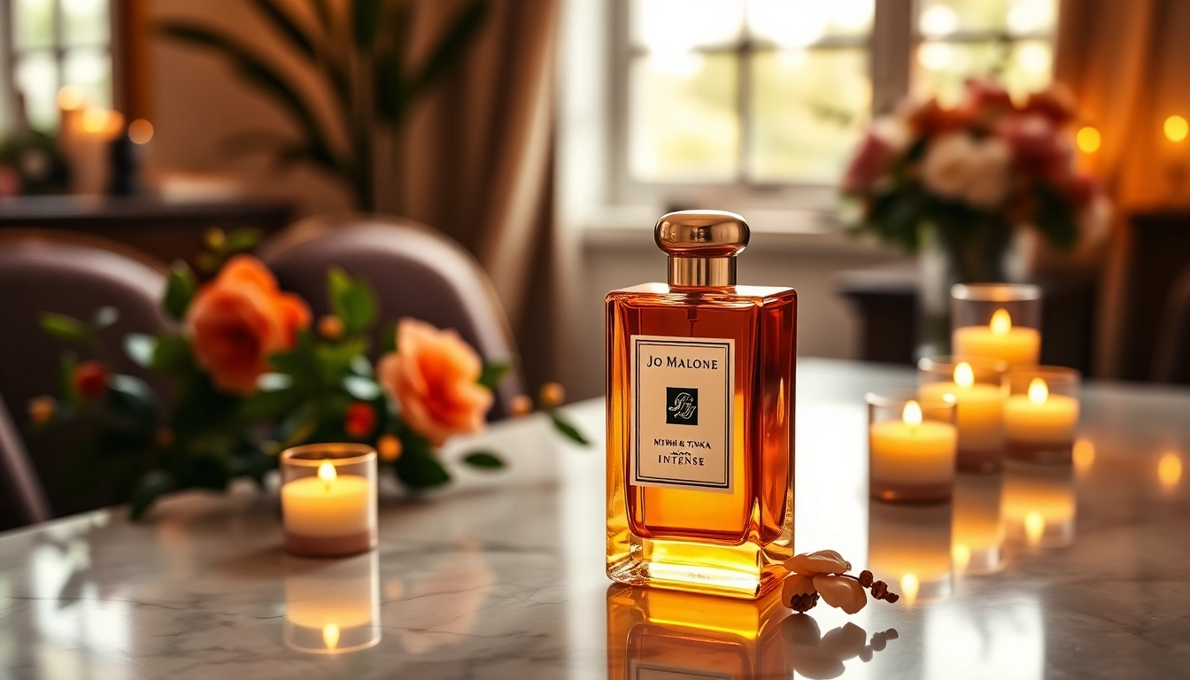 Experience Jo Malone Myrrh & Tonka Intense cologne in a serene, elegant setting with candles and greenery.