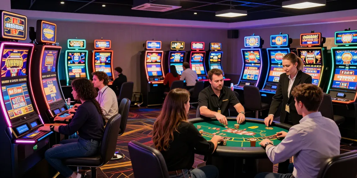 Players enjoying the excitement of Mastercard casinos at a vibrant gaming lounge, featuring slot machines and blackjack tables.