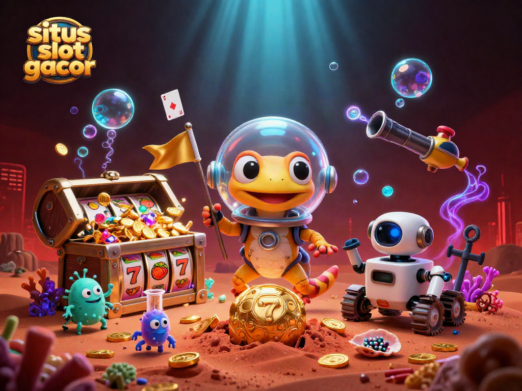 Win big with situs slot gacor at our vibrant Martian casino adventure featuring a gecko and a robot!