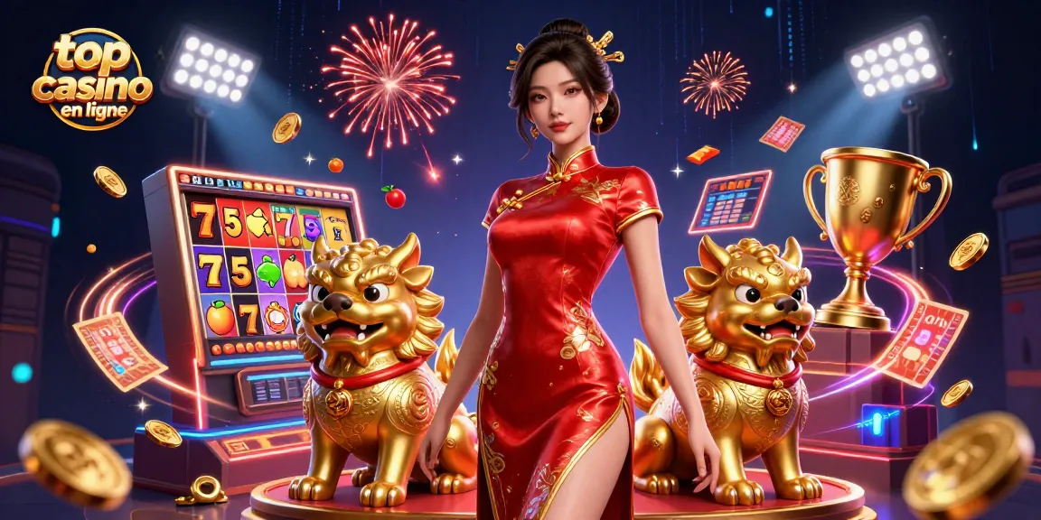 Vivez l'excitation des meilleurs casinos en ligne avec une scène glamour mettant en vedette une magnifique femme asiatique parmi des éléments dynamiques de casino.