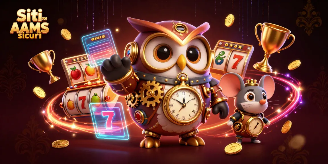 Un'illustrazione 3D in stile cartone animato che mostra Siti non AAMS sicuri con un gufo che viaggia nel tempo, rulli delle slot e elementi dinamici del casinò.