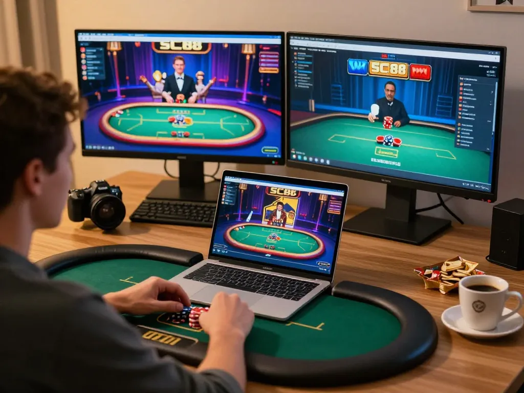 Player strategizing in SC88 online poker game on a laptop at home desk, engaging atmosphere with ambient lighting.