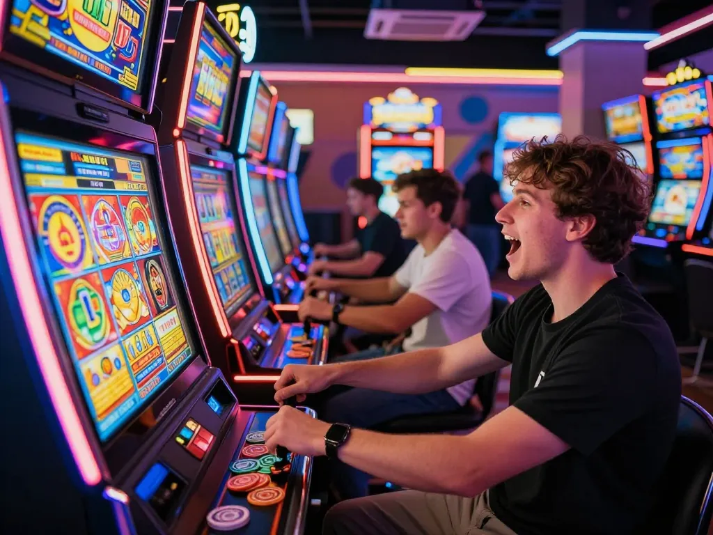 Pengalaman judi yang menarik di arcade mesin slot laoban188 dengan pencahayaan yang cerah dan pemain yang antusias.