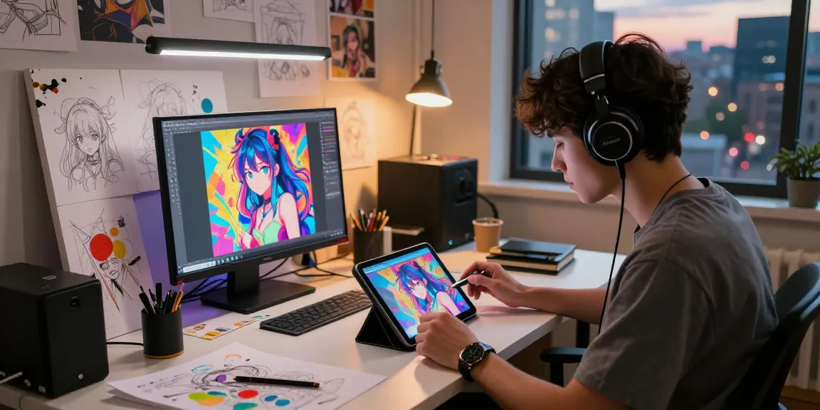 Creating innovative ai ecchi artwork in a vibrant studio setting.
