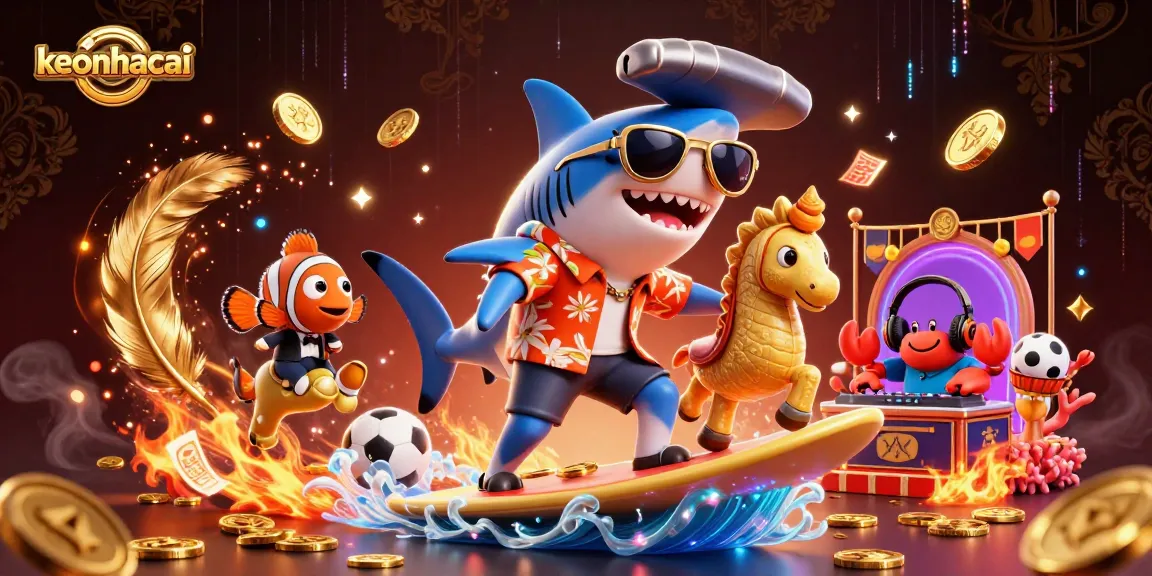 Engage with keonhacai while enjoying a lively underwater casino scene featuring a shark and unique characters.