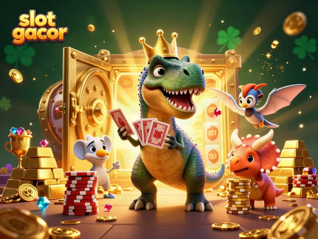 Engage with slot gacor as a T-Rex shuffles cards with pterodactyl support amidst dazzling casino treasures.