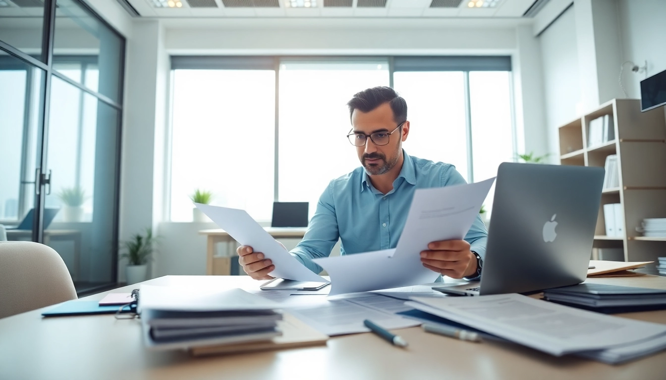 Reviewing registration and certification in Federal databases for federal contracts, showing detailed documents and a professional workspace.