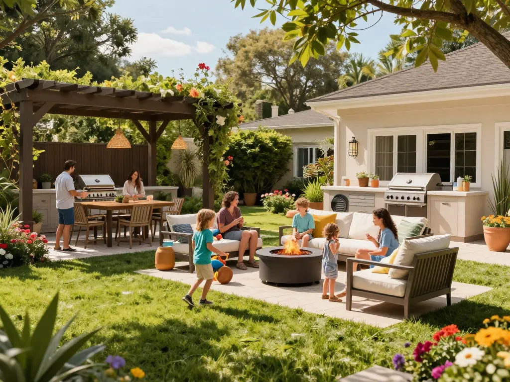 Outdoor living configurator in a vibrant family backyard setup, showcasing stylish furniture and outdoor kitchen.