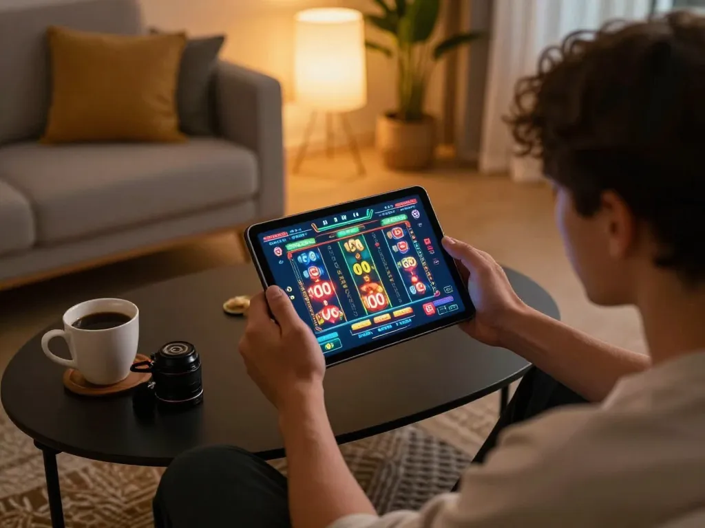 Pemain menikmati permainan slot 100 cuci di tablet dalam ruang tamu yang selesa, menampilkan pengalaman permainan dalam talian yang berwarna-warni.