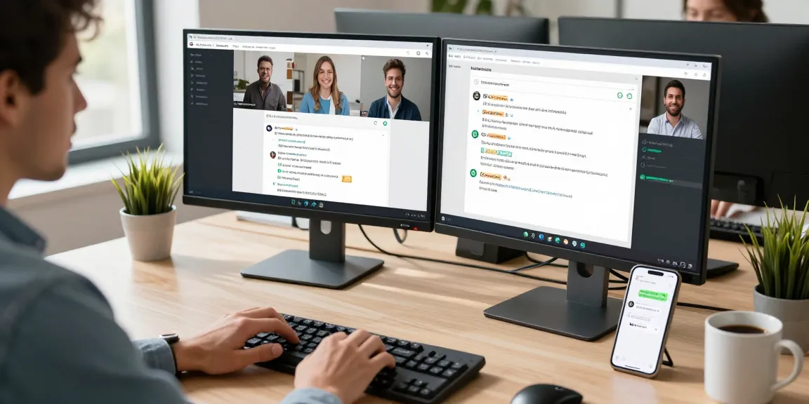 Using WhatsApp電腦版 on a modern workspace desktop with dual monitors and smartphone notifications.