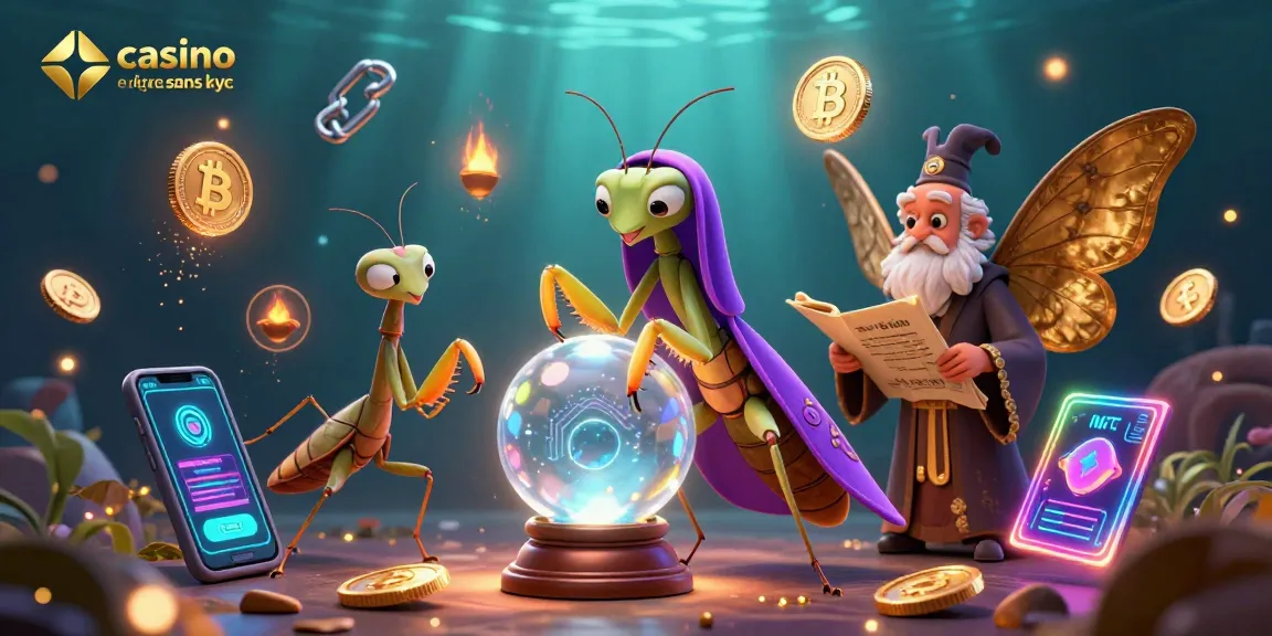 Jeux au casino en ligne sans KYC avec un voyant et un bibliothécaire, coins de crypto-monnaie autour.