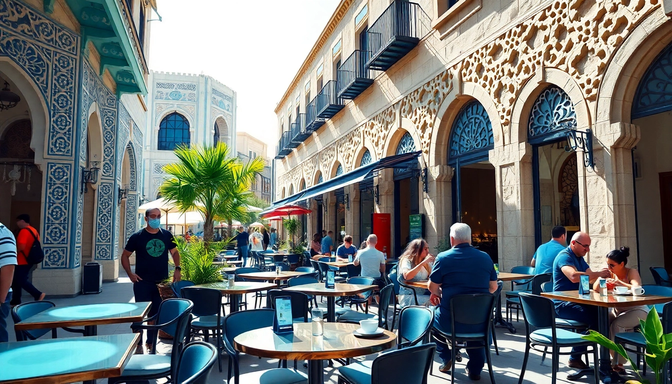 Explore Your Dubai lifestyle platform in a vibrant outdoor café setting with cheerful patrons and colorful architecture.