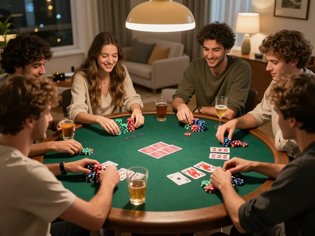 Friends enjoying a poker night with qq88-themed chips, cards, and drinks in a warm home setting.