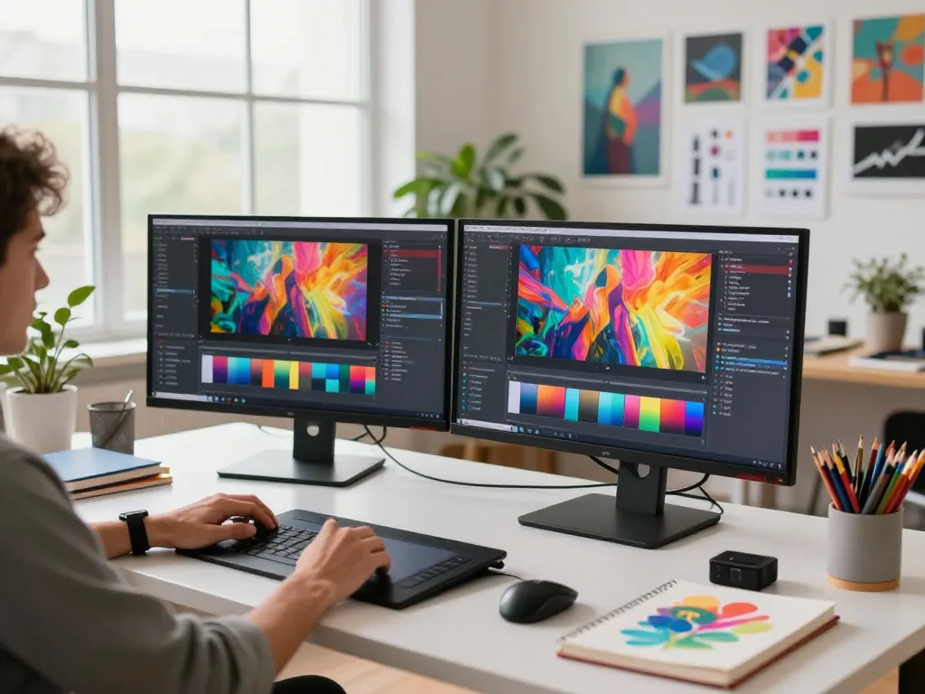 A creative professional using the nano banana AI image editor in a bright workspace filled with vibrant images and art supplies.