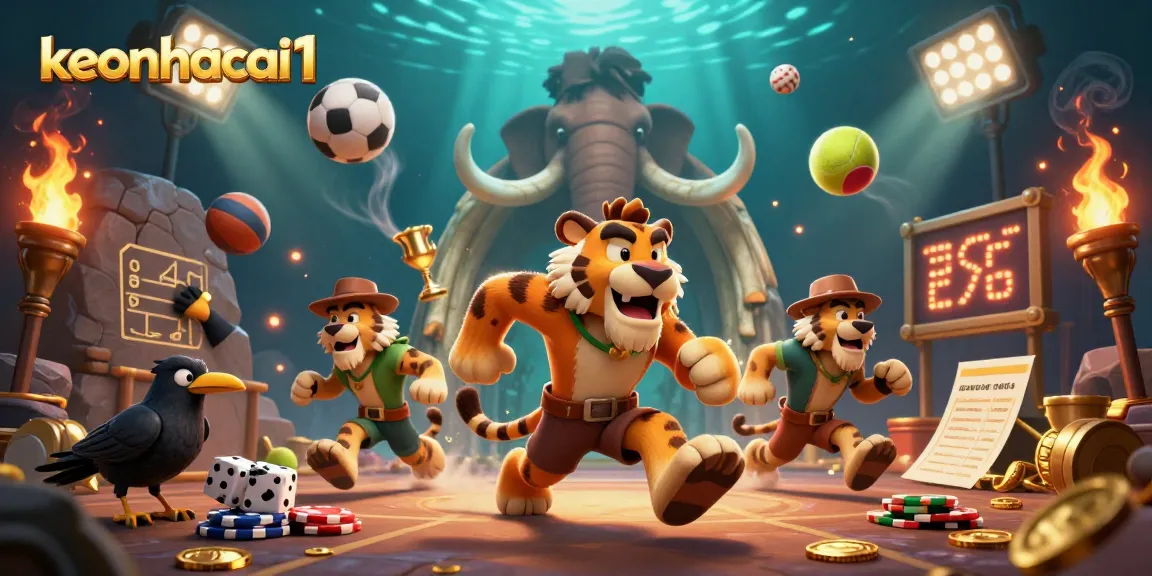 Bet on exciting sports dynamics featuring keonhacai1 in an engaging prehistoric casino scene.