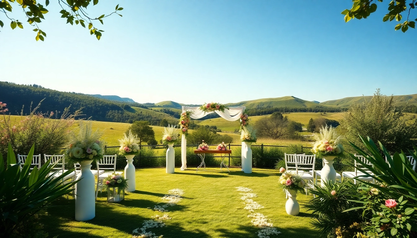 Verdeutlichung einer prachtvollen hochzeits location mit malerischer Kulisse und floralen Dekorationen.