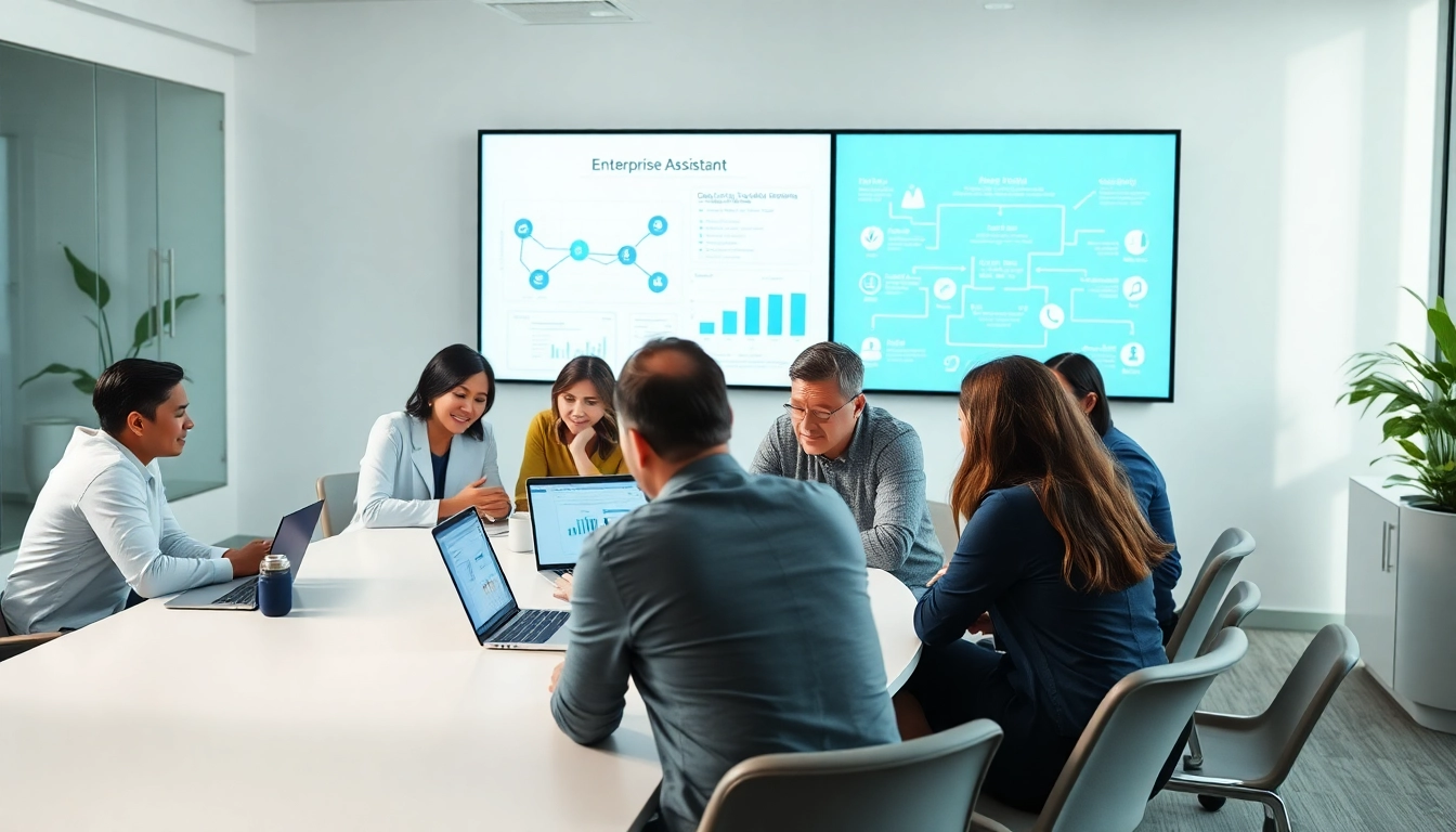 Team using enterprise assistant software in a modern office environment, engaged in collaboration.