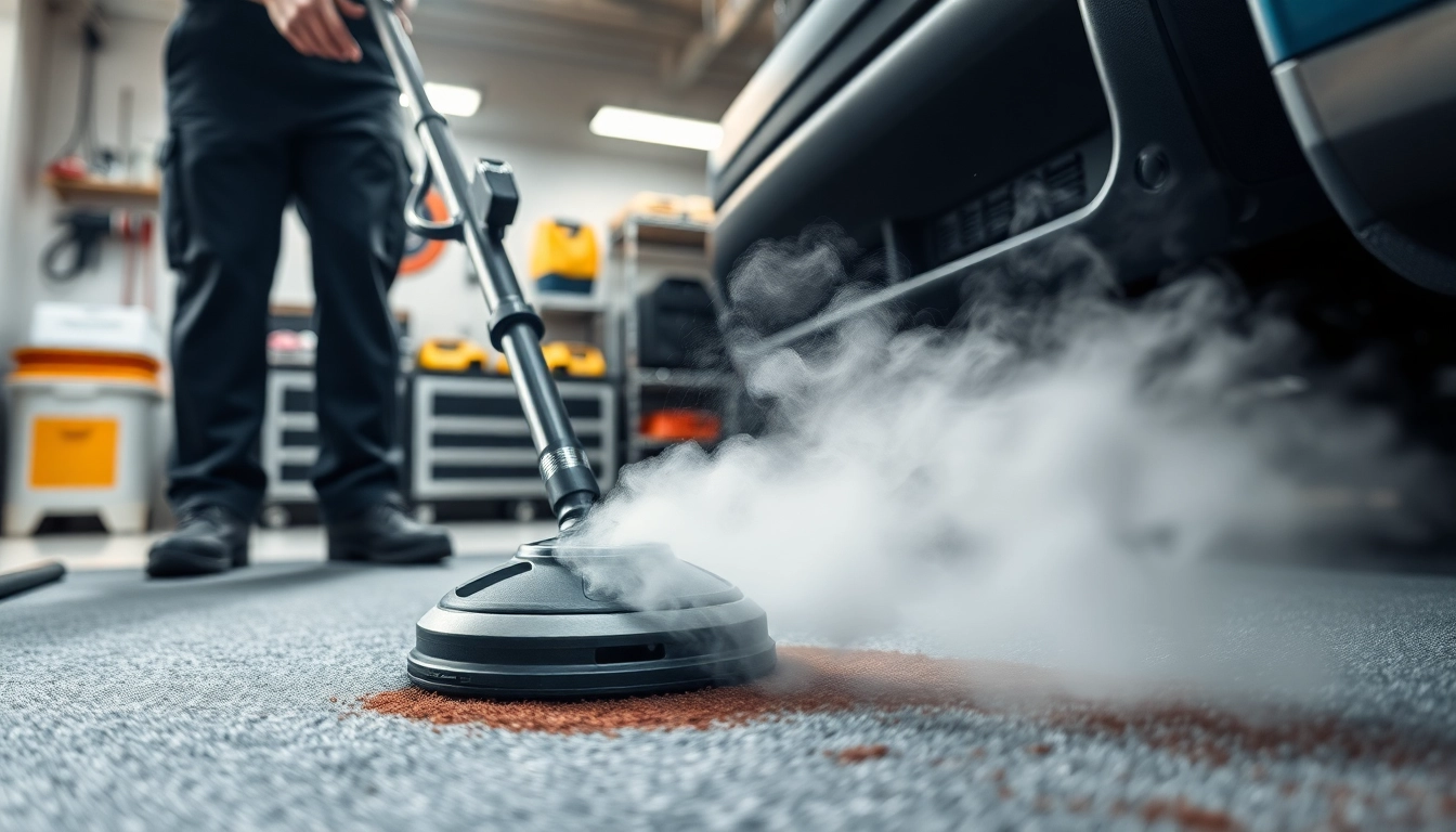 Engaging car carpet steam cleaning service showcasing a technician in action.