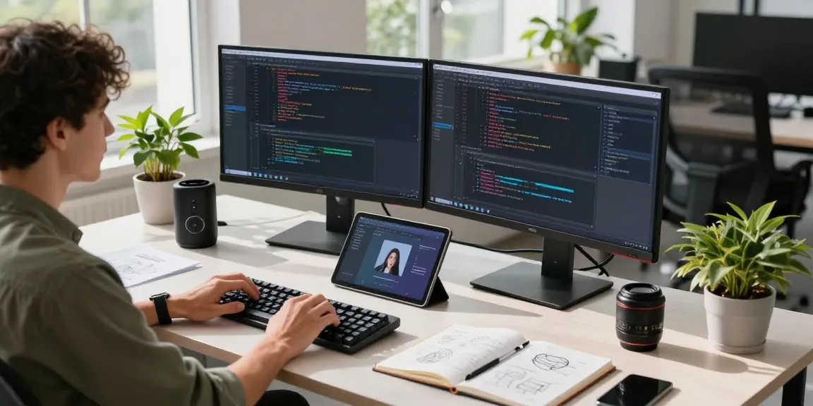 Dynamic tech workspace where a programmer uses an image to prompt tool to generate AI prompts, surrounded by multiple monitors and tech gadgets.
