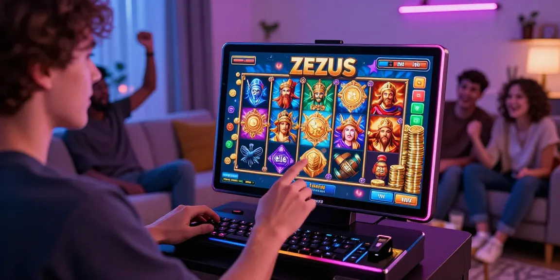 Exciting Zeus slot gaming experience with player spinning reels and winning coins.