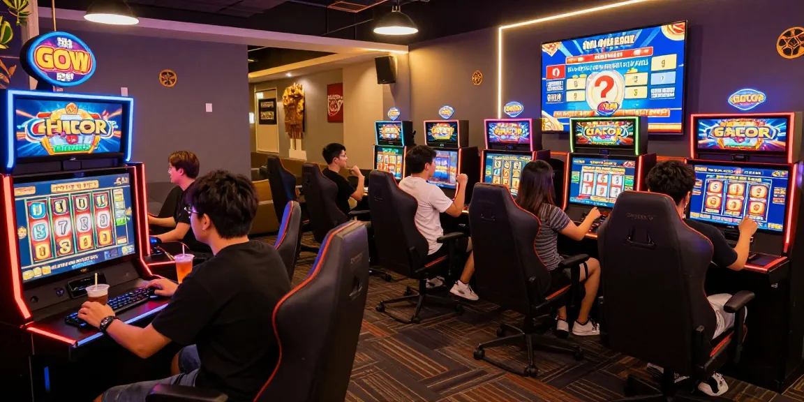 Players enjoying slot gacor games in a lively gaming lounge atmosphere with screens showing jackpots.