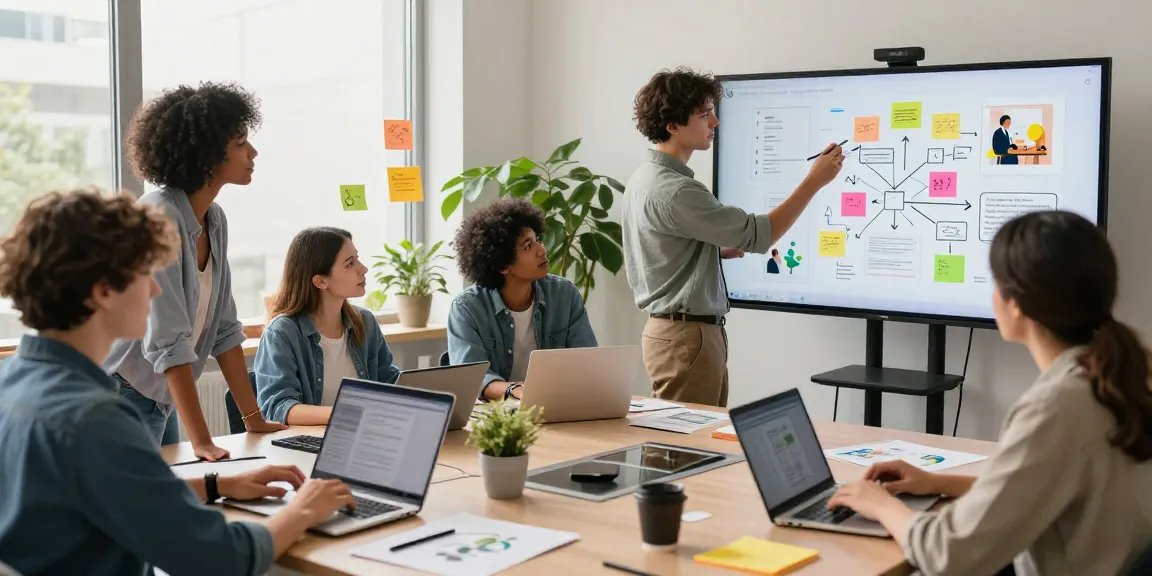 Team brainstorming on a mixboard for creative collaboration in a modern workspace.