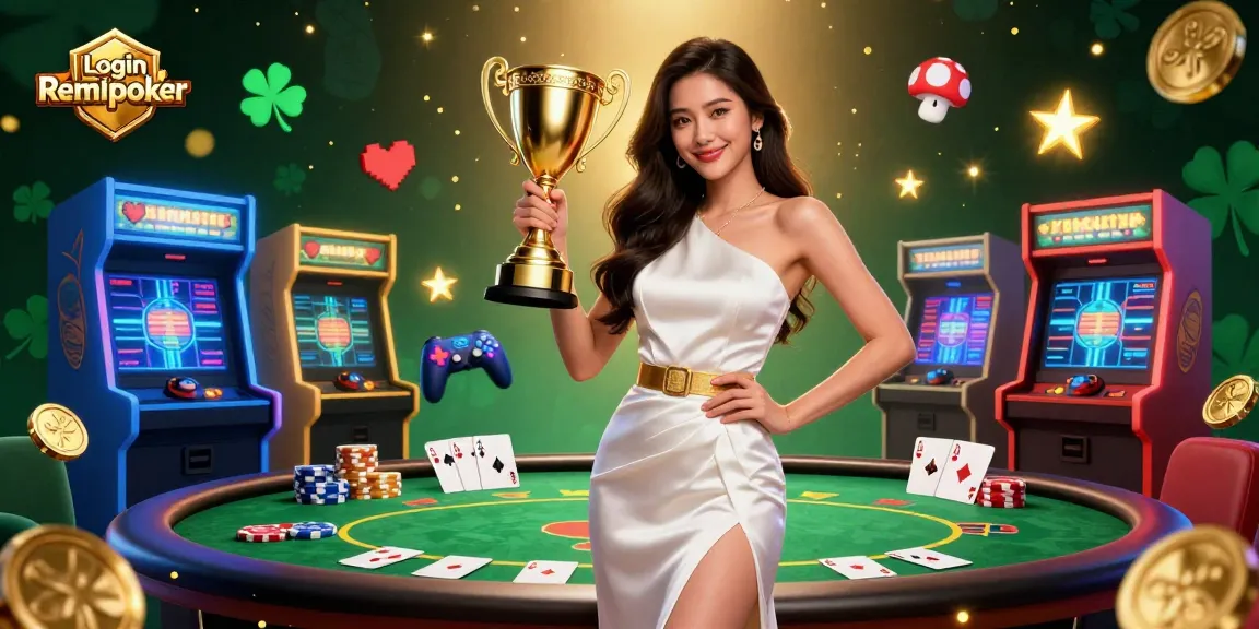 Win big with Login Remipoker, featuring a confident Asian woman holding a trophy amidst poker elements in a vibrant, illuminated scene.