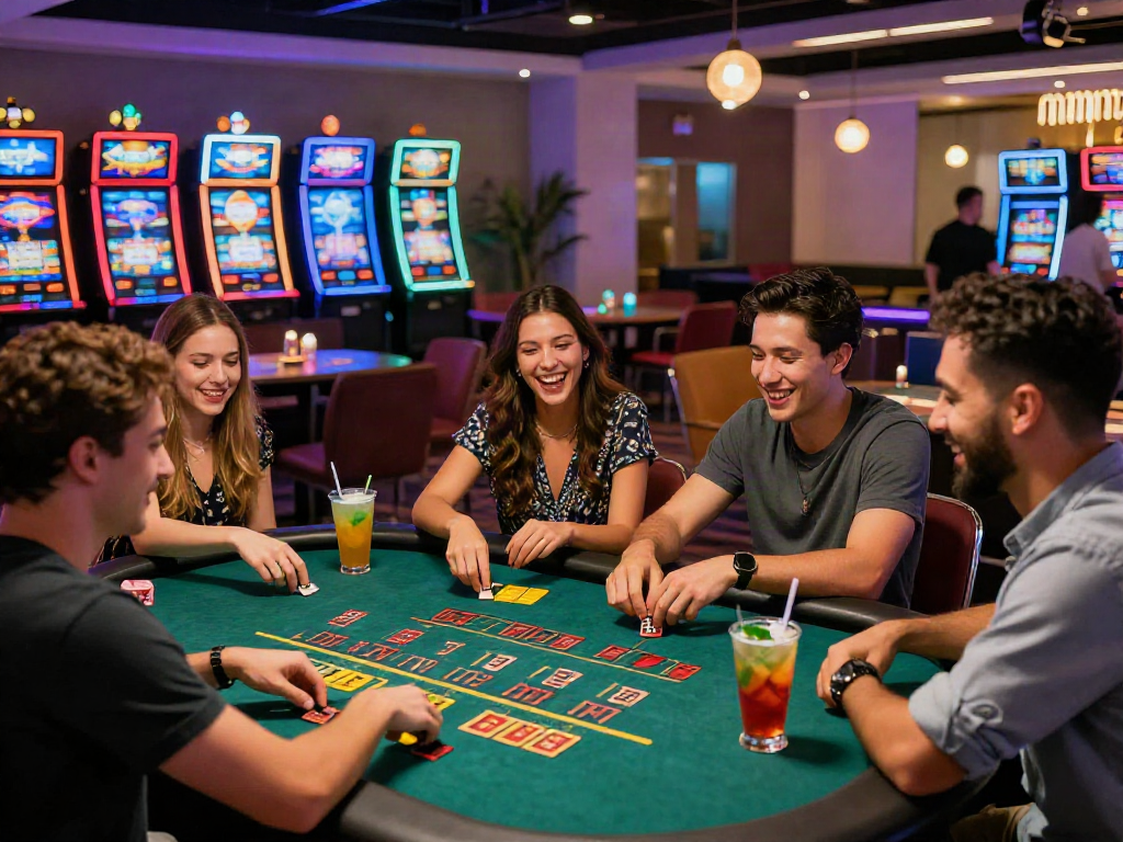 Exciting group enjoying blackjack at a situs casino surrounded by colorful slot machines.