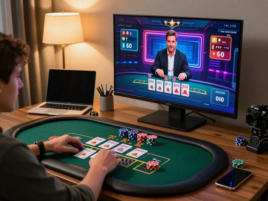 Player engaging in live dealer blackjack on s666 platform at home, emphasizing online gaming strategy
