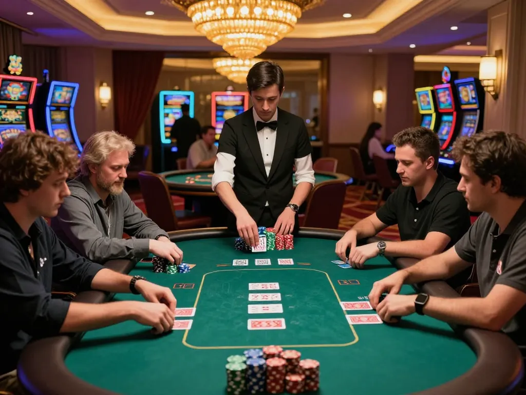 Players engaging in a high-stakes poker game at tr88 com, chips stacked and cards dealt in a luxurious casino ambience.