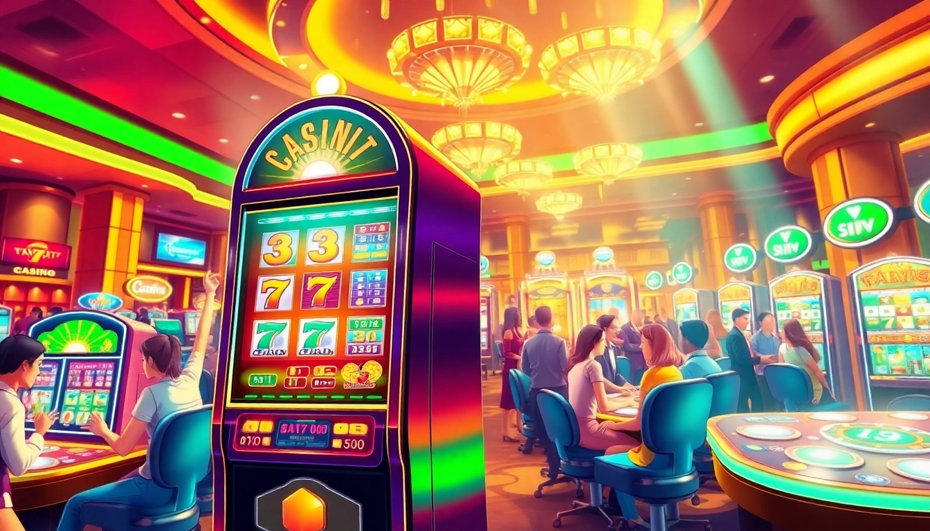 Putar slot777 pada mesin slot yang berwarna-warni dan bercahaya di kasino yang ramai.