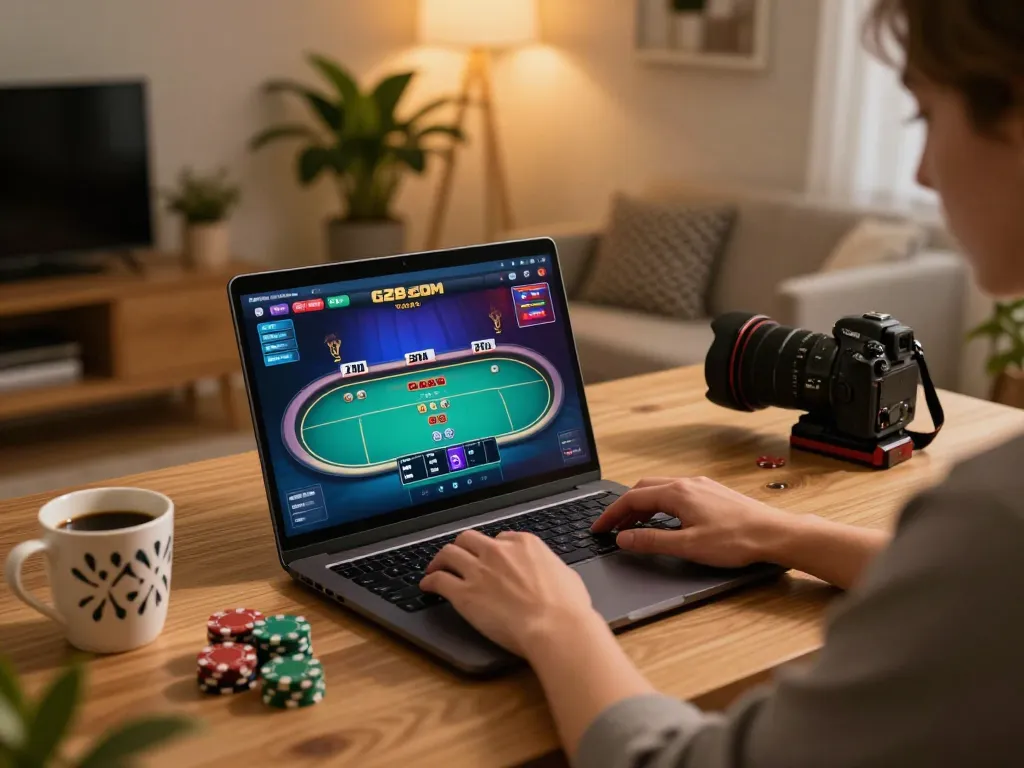 Engaging in online poker at g28 com with vibrant interface on a laptop at home