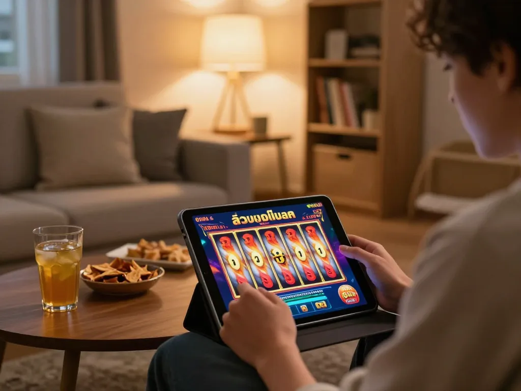 Engaging with สล็อตวอเลท on a tablet in a cozy home setting.