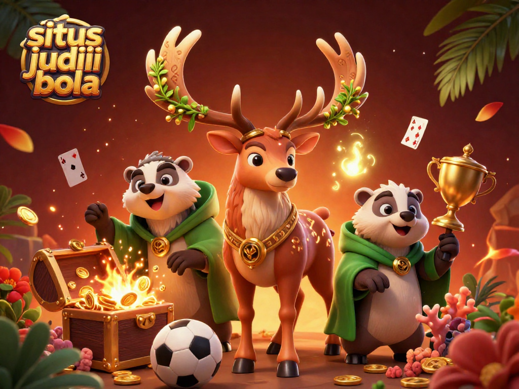 Situs judi bola sports betting scene with Celtic druid stag, badger, and dynamic elements.