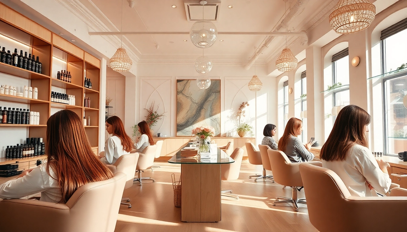 Elegant interior of addendum salon with stylists applying highlights on clients, featuring Aveda products.